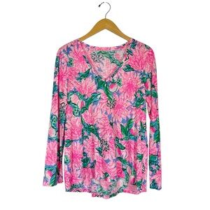 Lilly Pulitzer Etta V Neck Long Sleeve Top Womans S Blossom Floral Cotton Resort